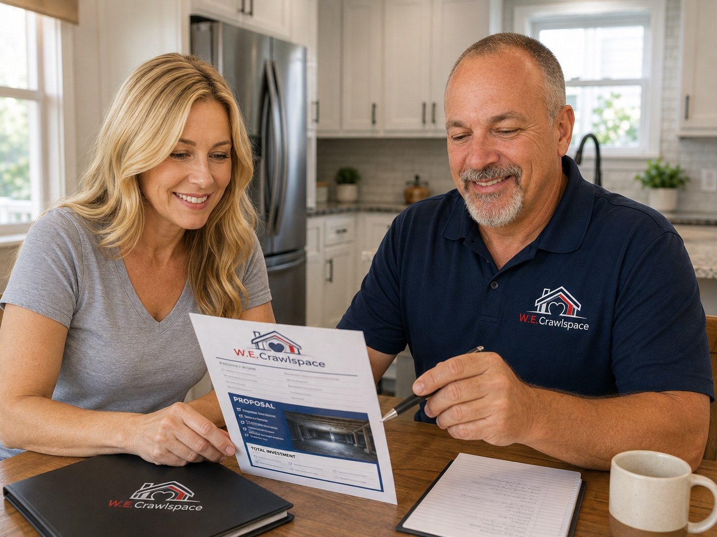 A W.E. Crawlspace consultant reviewing a crawlspace proposal with a homeowner at their kitchen table.