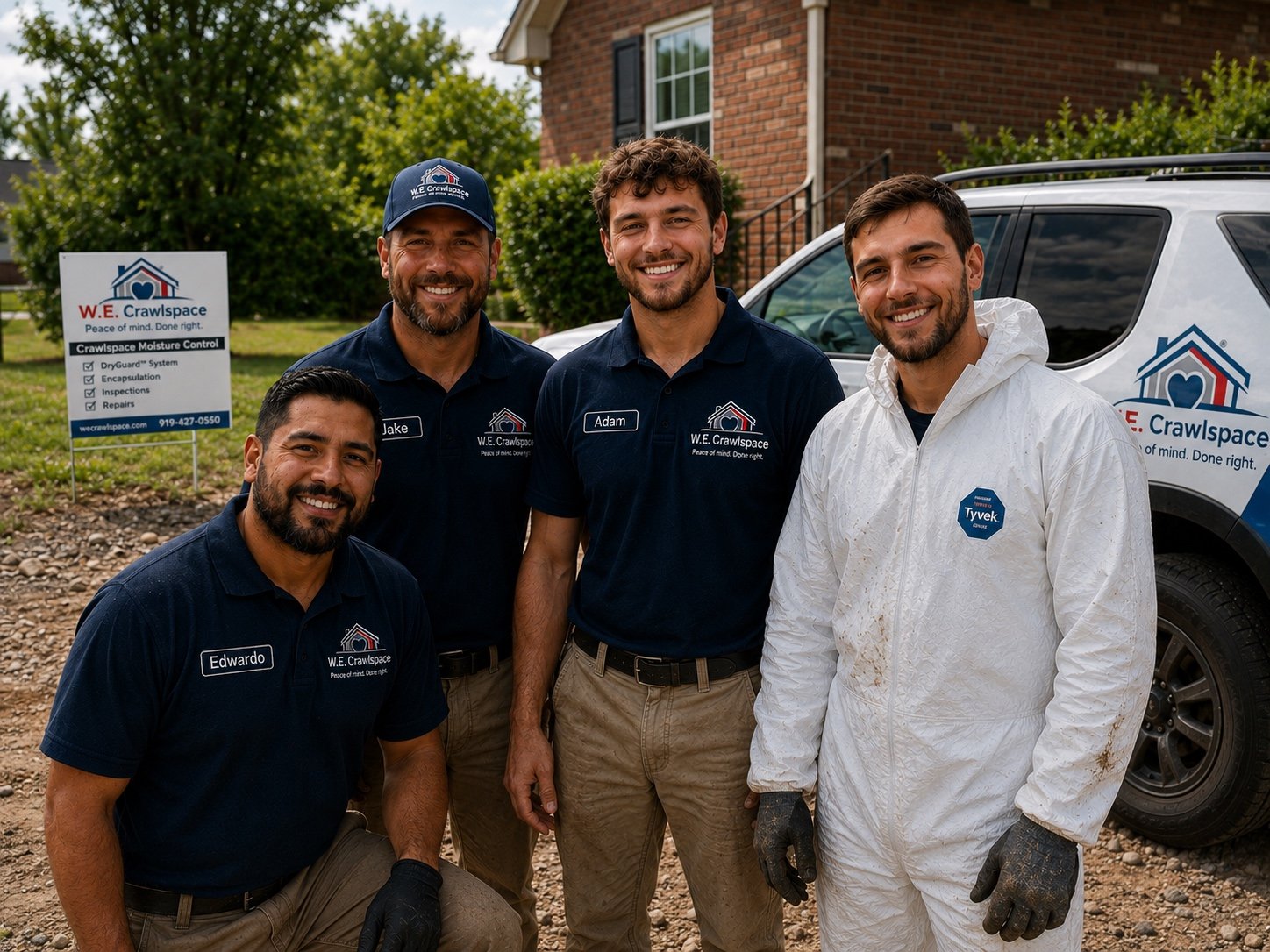 The W.E. Crawlspace crew — installation team in company polos and protective gear.