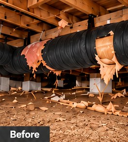 Before: torn, sagging crawlspace ductwork with insulation hanging loose over a dirt floor.
