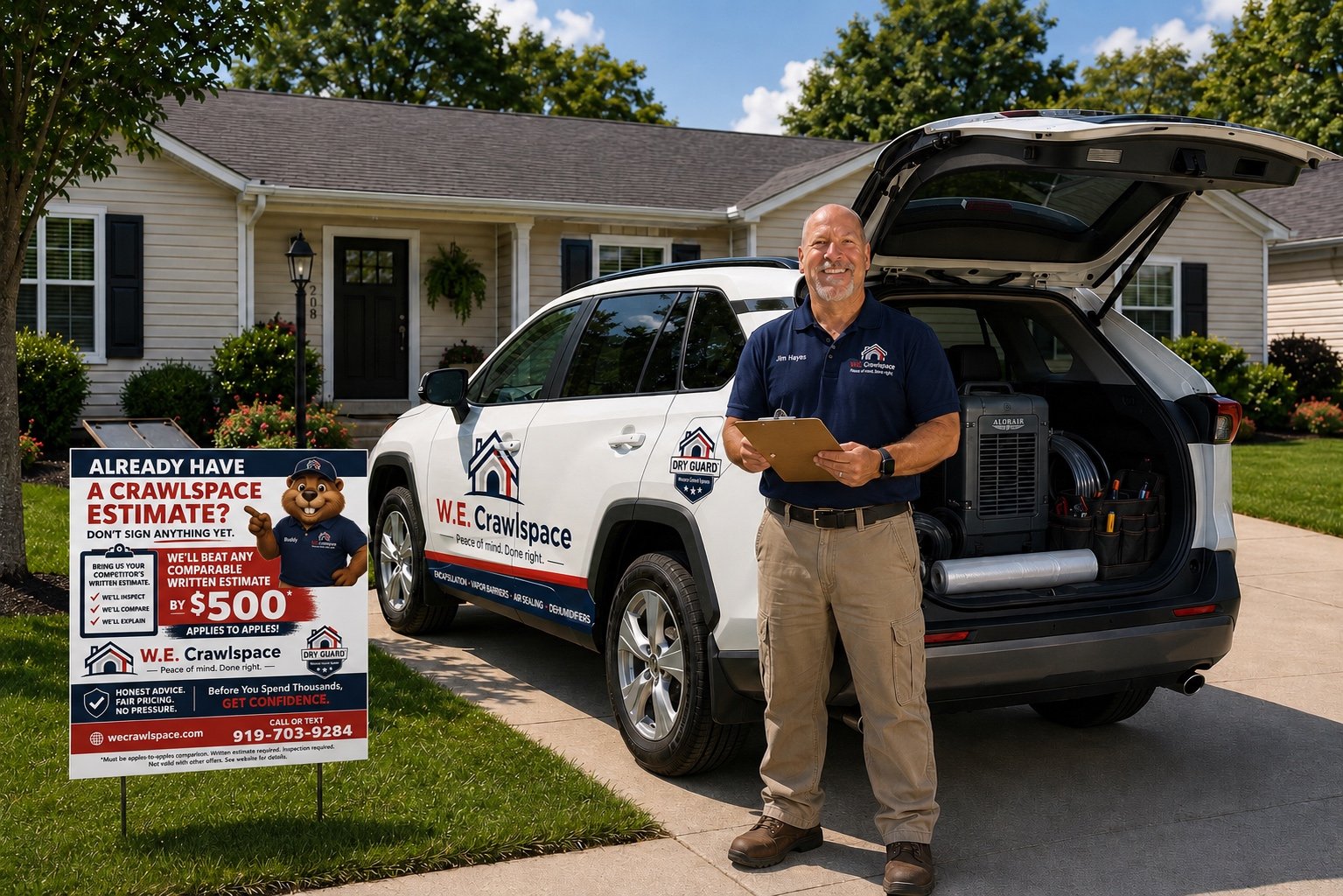 W.E. Crawlspace specialist with company vehicle and a commercial dehumidifier, alongside a $500 price-match guarantee sign.