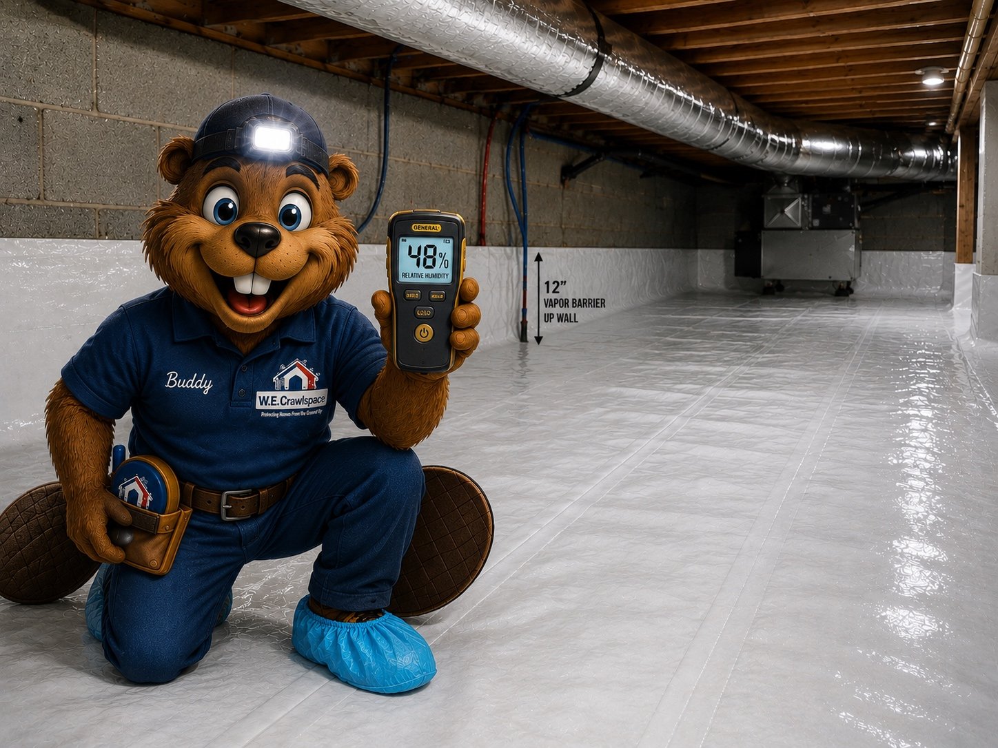 Finished encapsulated crawlspace with white vapor barrier on walls and floor, showing a humidity reading of 48%.