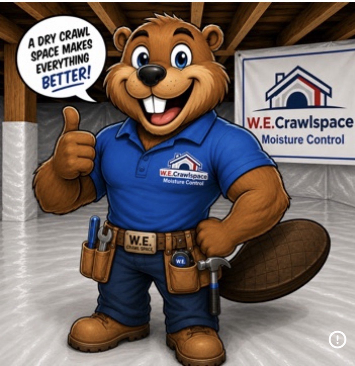 Buddy the beaver mascot inside a clean, finished, encapsulated crawlspace.