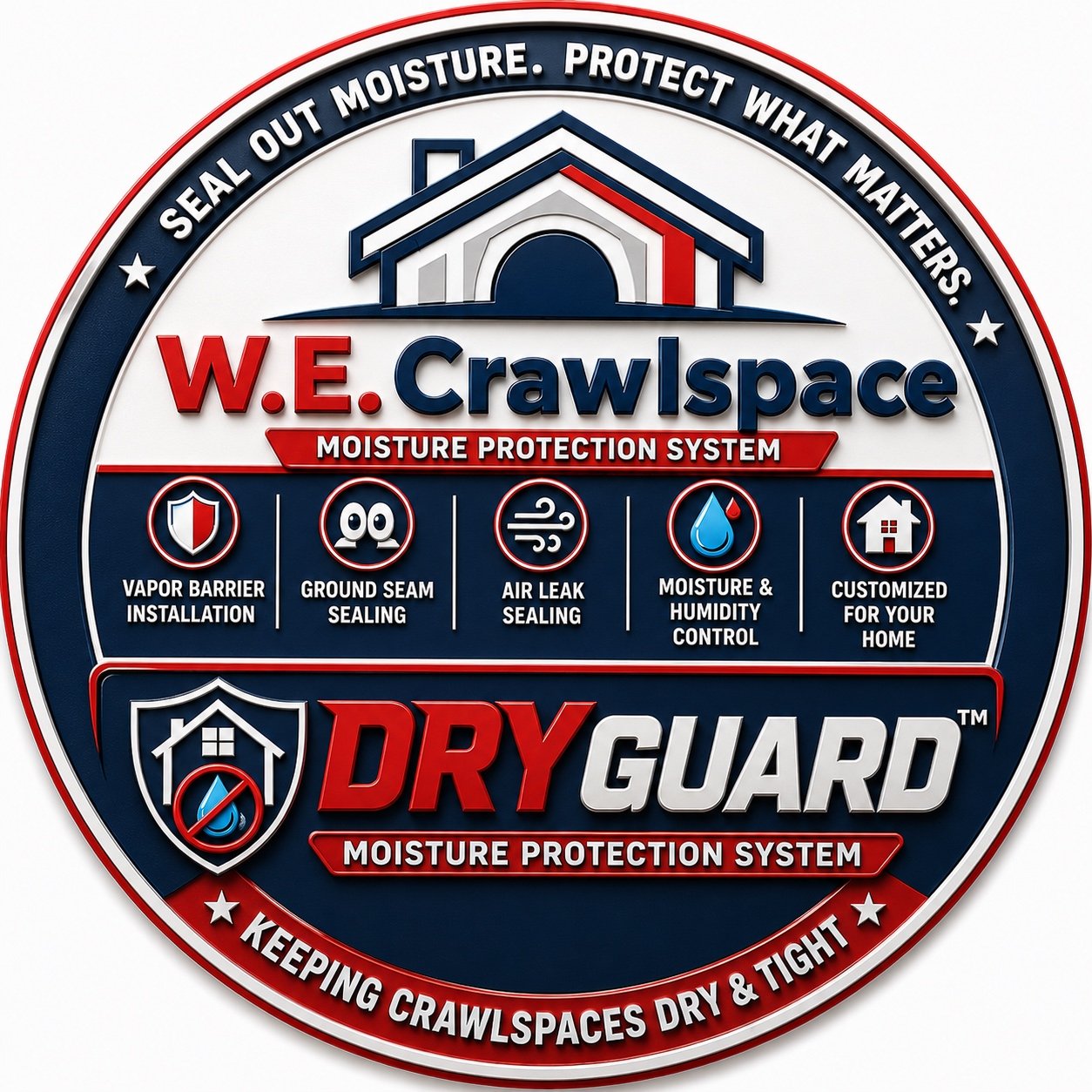 W.E. Crawlspace Moisture Protection System seal listing five service pillars.